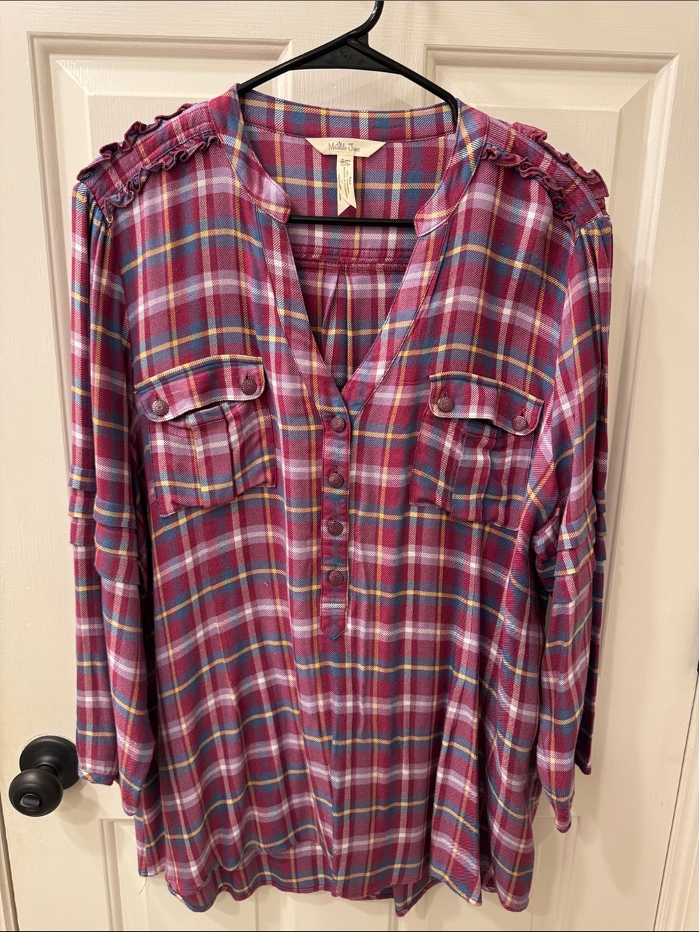Matilda Jane Pink Plaid Ruffle-Shoulder Button Front Tunic